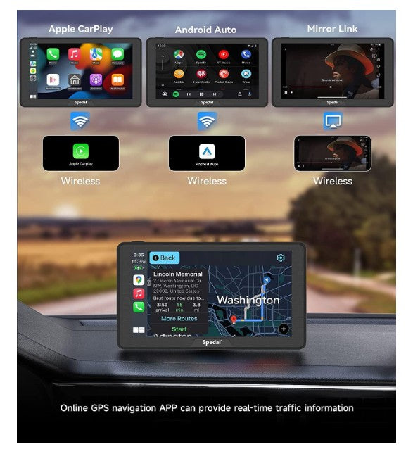 Portable Car Stereo with Wireless CarPlay & Andriod Auto, 7" Touchscreen